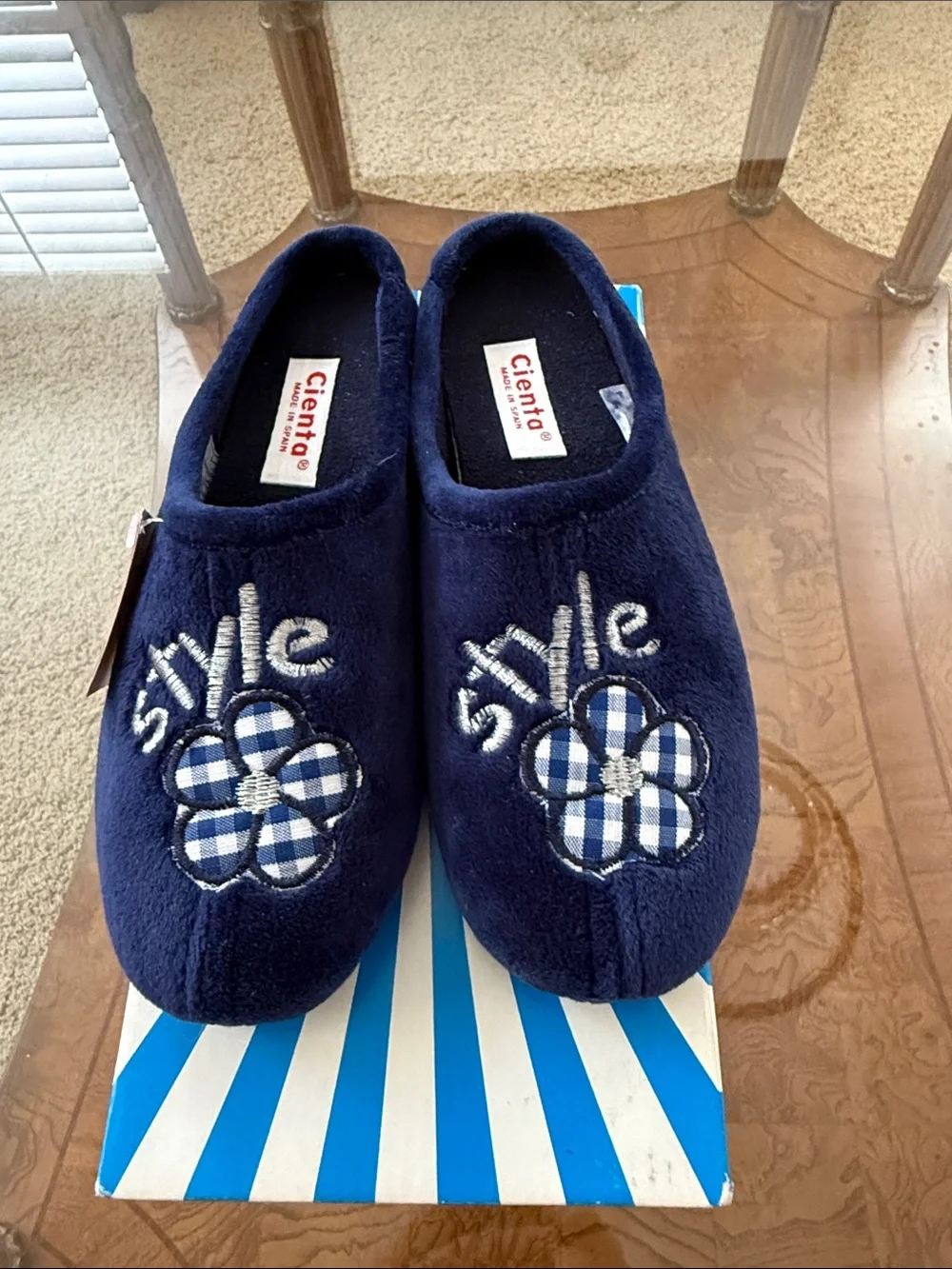 Cienta 💙 Navy Blue Kids Slip-On Slippers Shoes Style Plaid Heart 33